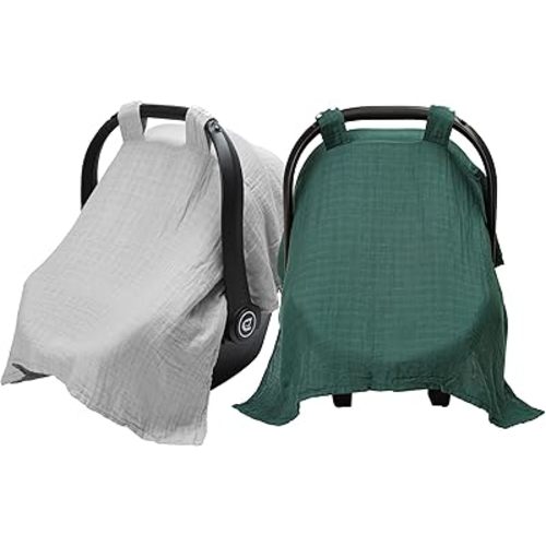 Meracorallo Muslin Baby Car Seat Cover, 2 Pack Lightweight Breathable Soft Infant Carrier Cover Carseat Canopy for Baby Boys and Girls, Green & Gray