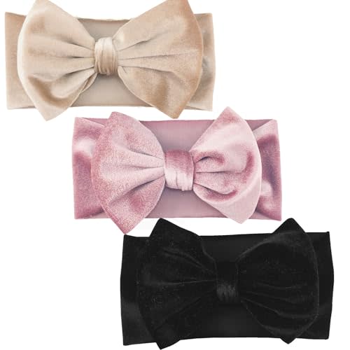 Hjiaruiky 3PCS Baby Girl Bows Baby Headbands Fall Velvet Bows for Baby Girls Newborn Handmade Elastic Hair Bows Headbands for Baby Infant Black Beige Pink (Beige+B- pink+Black)