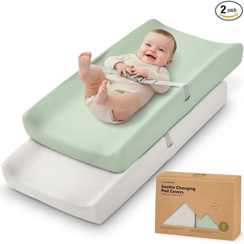 2-Pack Organic Changing Pad Covers for Girl, Boy, Neutral - 100% Cotton Changing Table Pad Cover, Soft Baby Nursery Diaper Changing Pad Sheets, Contour Changing Pads Liners, Change Pad Cover (Sage)