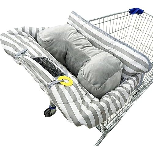 Suessie Shopping Cart Cover and High Chair Cover with Bolster Support Pillow, Gray and White Stripe with Cushion