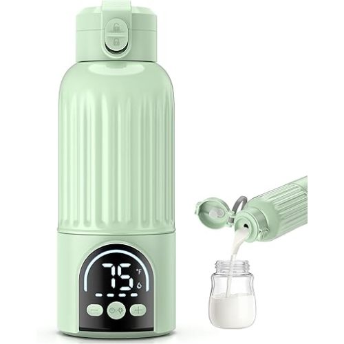 Portable Bottle Warmer for Travel, 17oz Large Capacity, 18000mAh Battery Life, Dual Heating Modes for Breast Milk Water, Fast Heating, Cordless Milk Warmer for Car Airplane Outdoor (Green)
