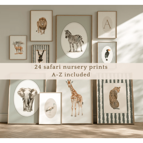 Safari Nursery Prints Set of 25 - Jungle Baby Boy Gallery Wall Art, Downloadable Vintage Wild Animals Toddler Decor Printable