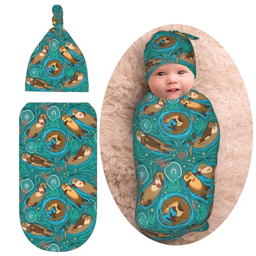 Cute Sea Otters Newborn Swaddle Blankets Baby Stuff Soft Swaddle Sack Swaddling Blanket with Beanie Sets Gifts For Infant Boys Girls