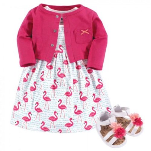 Hudson Baby Infant Girl Cotton Dress, Cardigan and Shoe 3pc Set, Bright Flamingo, 3-6 Months