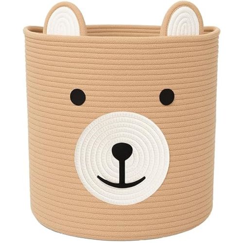 Baby Laundry Basket, Bear Basket, Baby Shower Baskets, Bear Gift Baskets for Kids, Nursery, Toy Storage, Cotton Rope Hamper with Handles (Light Brown, 13" D x 15" H)