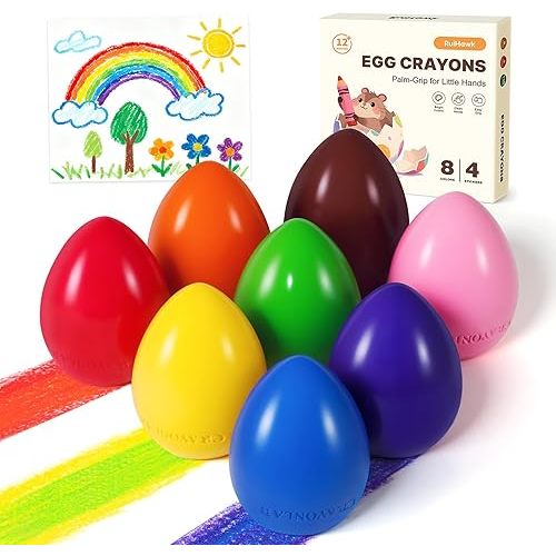 RuiHawk Egg Crayons for Toddlers 1-3, 8 Colors Jumbo Easy-Grip Crayons with Anti-Roll Flat Bottom & Fruit Patterns - Washable, Non-Toxic, Unbreakable Sensory Toys & First Art Supplies Gift for Age 1-3