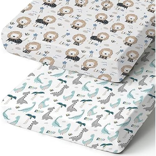 Baby Crib Sheets 2 Pack – Ultra Soft & Stretchy, Fits Standard Crib Mattress (52” x 28”) – Breathable & Wrinkle-Free, Perfect for Boys & Girls, Newborn to Toddler, Durable & Snug Fit Dinosaur Lion
