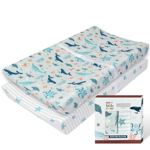 100% Cotton Changing Pad Cover for Baby Boys and Girls, Nautical - Breathable Bassinet, Mini Crib Mattress Fitted Sheets - Ocean Stars, 32"x16" with 8" Deep Pocket, Teal-White, 2 Pack