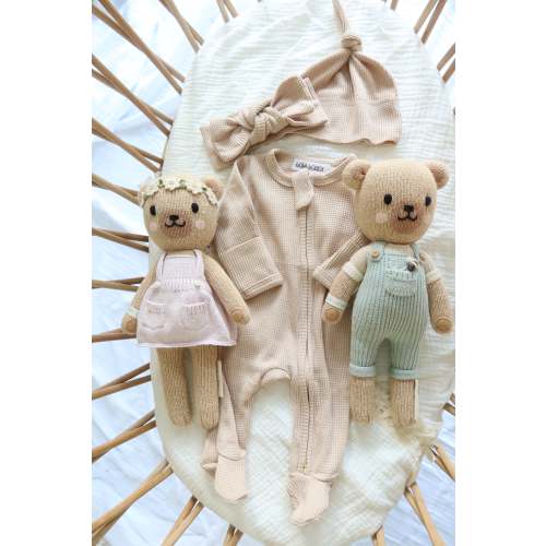 Organic Waffle Knit Footie With Bow Or Hat