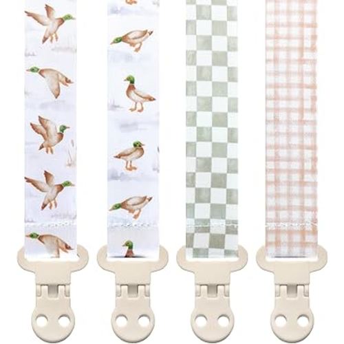 Baby Pacifier Clip Holder - Boy and Girl Unisex 4 Pack Gift Set – Neutral Checker Gingham Plaid Ducks Mallards Beige Brown and Green