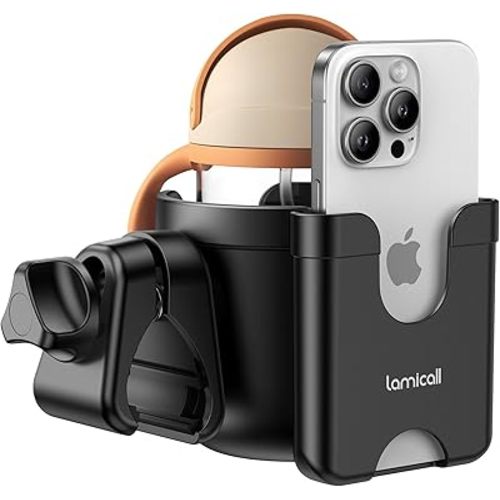 Lamicall Stroller Cup Holder with Phone Holder - Stable Anti-Slip Stroller Cup Holder Attachment for Uppababy, Nuna, Doona, 360° Rotatable Stroller Accessories for Walker, Wheelchair, Bike, Scooter