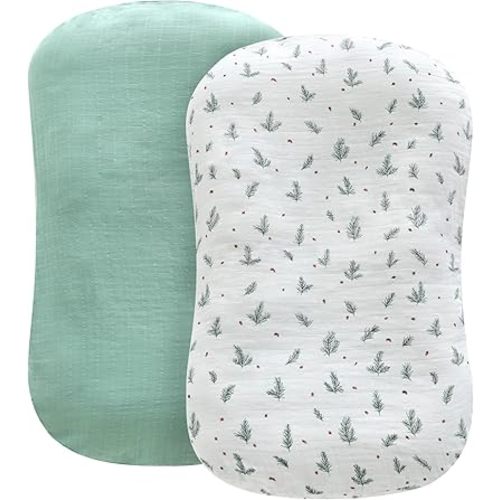 LifeTree Muslin Baby Lounger Cover Neutral, Newborn Slipcover Lounger Cover for Boys Girls Infant, Soft Organic Cotton, Cover Only, Pine Needles and Roman Green, 30.7in x 20in