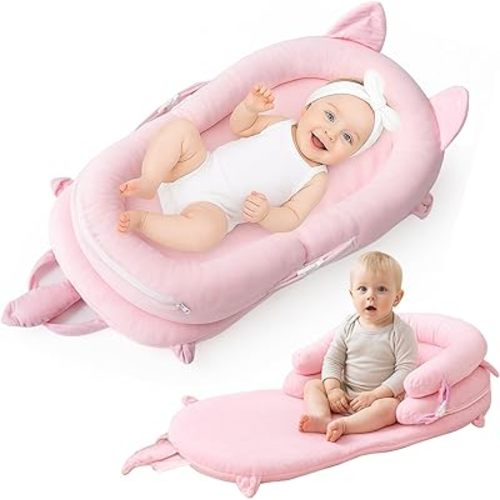 3-in-1 Baby Lounger, Tummy Time Mat & Seated Support Pillow, Baby Lounger for Newborn 0-24 Months, Breathable Portable Infant Lounger for Home Travel, with Detachable Support Pillow-Pink