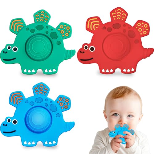 Baby Teething Toys for Babies 3-6 6-12 Months, Dinosaur Teether Pain Relief Toy with One Piece Design Pacifier Clip Holder Set, Freezer Safe Neutral Shower Gift for Boys and Girls