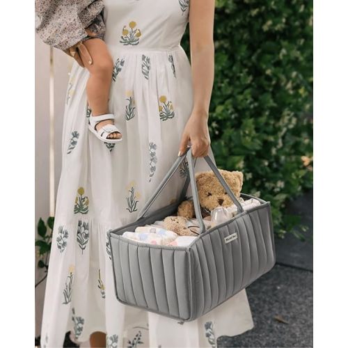 Blissful Diary Baby Diaper Caddy Organizer, Stylish Storage Basket for Newborn Essentials and Diaper Station, Gift for Baby Shower and Registry Must-Have, Light Gray