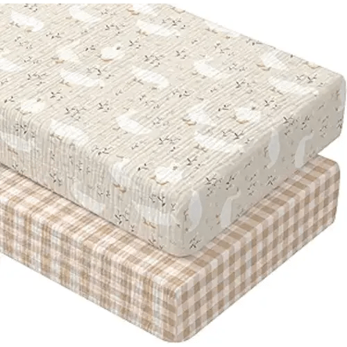 2 Pcs Muslin Silly Goose and Khaki Gingham Crib Sheets for Girl Soft and Breathable 100% Brown Plaid Cotton Crib Baby Bed Sheets Fitted Mattress Cover for 52''x 28'' Standard Mattress Size