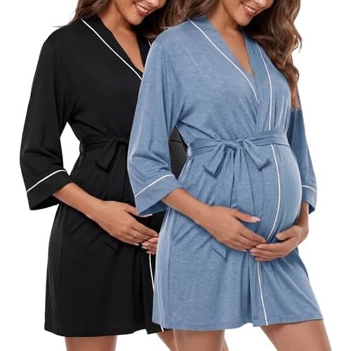 Cutecrop 2 Pcs Women Maternity Nursing Robe Labor Hospital Delivery Gown 3/4 Sleeve Pregnant 3 in 1 Kimono Breastfeeding Robe