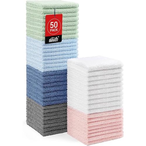 HOMEXCEL Microfiber Washcloths 50 Pack, Highly Absorbent and Soft Face Towel, Multi-Purpose Wash Cloths for Bathroom, Hotel, Spa, Gym, and Kitchen, 12x12 Inch