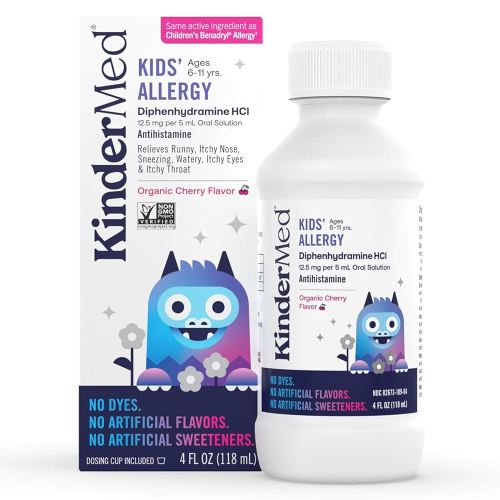 KinderMed Kids' Allergy Medicine with Diphenhydramine HCI, No Dyes, No Artificial Flavors or Sweeteners, Vegan, Non-GMO, Gluten Free, for Kids 6-11 Years, Organic Cherry Flavor (4 Fl Oz)