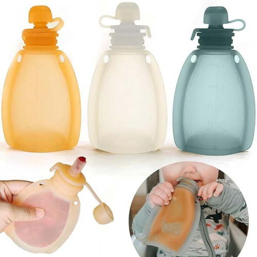 Reusable Baby Food Pouch, Refillable Baby Food Storage Kids Squeezable Pouch, Washable, Freezer Safe - Make Homemade Food for Babies/Toddlers, Yogurts, Smoothies, Puree Food, 4oz, 3 Pack,6m+