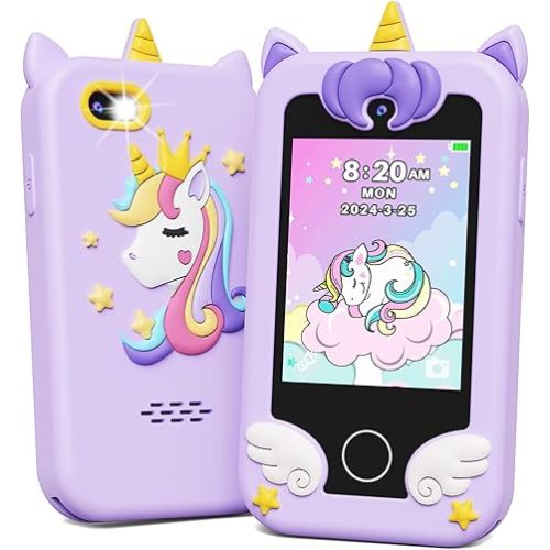KOKODI Kids Smart Phone Toys, Birthday Gifts Unicorn Toddler Play Phone for Girls 3-10, Touchscreen HD Dual Camera Cell Phone, Travel Toy Preschool Learning Toy for Kids (Purple)