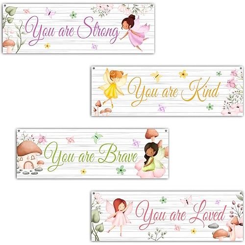 4 Pieces Girls Room Decor, Fairy Bedroom Decor, Pink Flower Little Girl Room Decorations, Inspirational Kids Toddler Nursery Room Playroom Room Wall Art-31