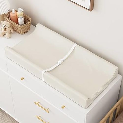 Wipeable Baby Changing Pad for Dresser and Table, Cozy Diaper Changing Pad with Waterproof & Wipe-Clean Leather Cover, Off-White
