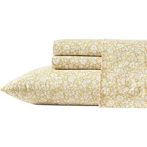 Laura Ashley - Twin Sheets, Cotton Percale Bedding Set, Lightweight & Breathable Home Decor, Oeko-Tex Certified (Heirloom Ditzy Gold, Twin)