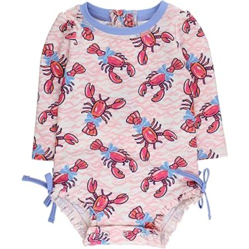 RuffleButts Baby Girls UPF 50+ Sun Protection Floral Printed Long Sleeve One Piece Rash Guard Swimsuit with Zipper