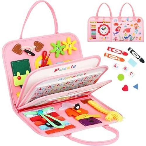 8 in 1 Busy Board Montessori Toys - Pink Sensory Busy Book & Activity Book for Basic Motor Skills, Educational Airplane Toys & Travel Essentials for Kids, Birthday Gift for Girl