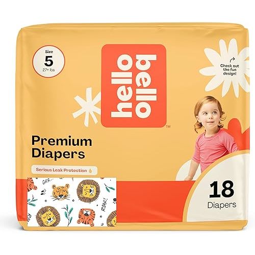 Hello Bello Diapers, Size 5 (27 lbs) Wild Cats, 18 Count of Premium Disposable Baby Diapers, Hypoallergenic with Soft, Cloth-Like Feel