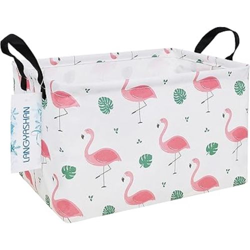 LANGYASHAN Rectangular Storage Bin Collapse Canvas Fabric Cartoon Storage Basket with Handles for Organizing Home Kitchen Boys and Girls Toys Office Closet Shelf Baskets(Rec Leaf Flamingo)