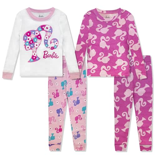 Komar Kids Barbie 4 Piece Pajama Set - PJ Set Long Sleeve Shirt & Pants - Girls & Toddlers Sleepwear Set - Official License