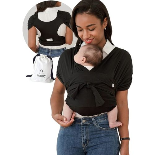 Konny Baby Carrier Flex SoftBreeze with Head Support - Adjustable, Easy to Wear, Hands-Free Breathable Baby Wrap Sling, Perfect for Newborn Babies Essentials up to 44 lbs (M-4XL) - Black