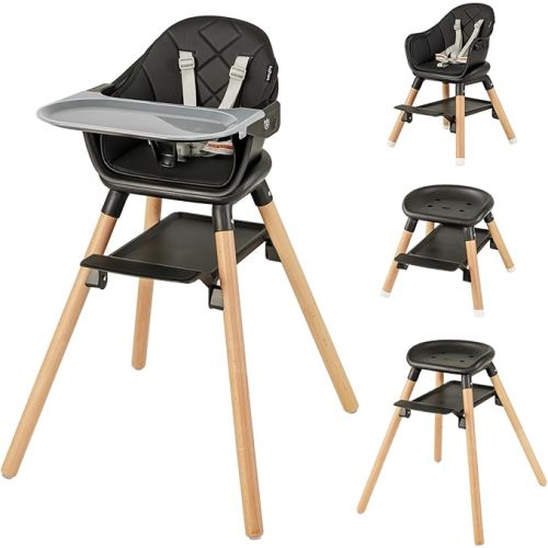 BABY JOY Baby High Chair, 6 in 1 Convertible Wooden High Chair for Babies & Toddlers with Adjustable Legs, Double Removable Tray, Safety Harness & Waterproof PU Cushion (Beige)
