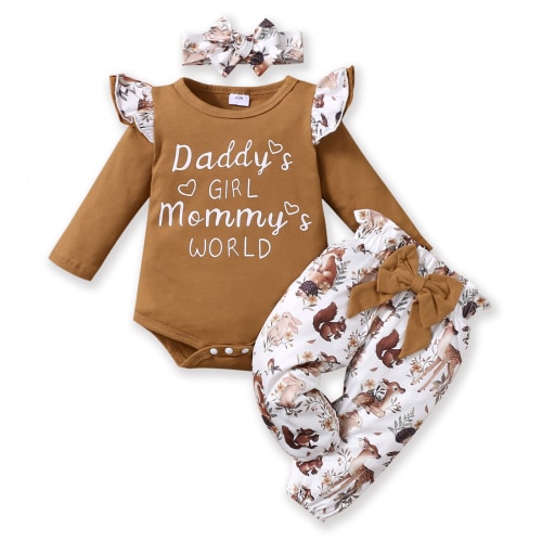 PatPat Newborn Baby Girls Cotton Clothes Long Sleeve Romper Jumpsuit Pants Outfit Set, 6-9 Months