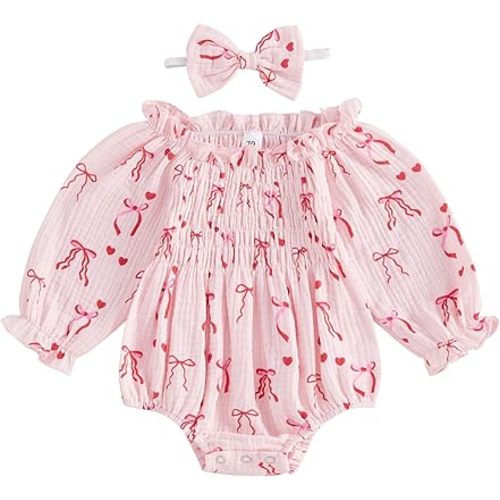 Baby Girls Valentines Day Outfits Bow Heart Print Puff Sleeve Bubble Smocked Romper Cotton Linen Bodysuit Headband