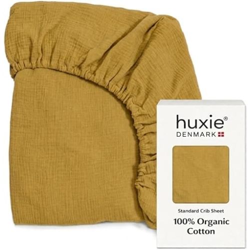 Huxie Crib Sheets – Organic Cotton Muslin Fitted Crib Sheet – Standard Size for Baby Boy and Baby Girl 28" x 52" Ultra-Soft and Breathable. (Autumn Yellow)