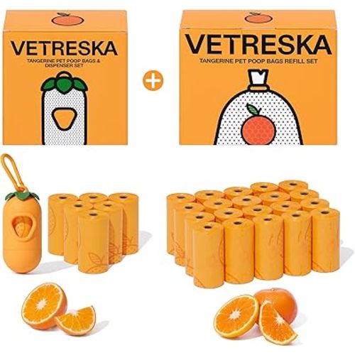 VETRESKA Dog Poop Bag Dispenser with Cirtus Scented Bags, Leak Proof, Extra Thick and Large Pet Waste Bags,1 Count Bag Holder and 405 Bags (27 Refill Rolls) for Walking Dog and Cats Litter, Orange