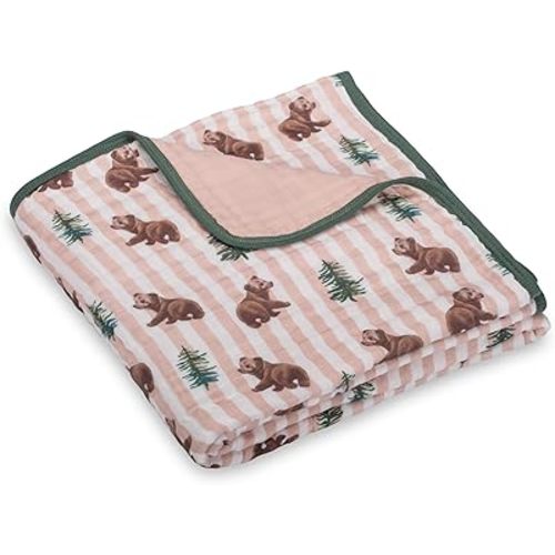 LollyBanks Muslin Baby Blanket 100% Organic Cotton, Muslin Quilt Lightweight, 6 Layers Soft Blanket Neutral, 47"x 47" Toddler Blankets for Girls and Boys, Nursery Receiving Blankets (Bear Print)