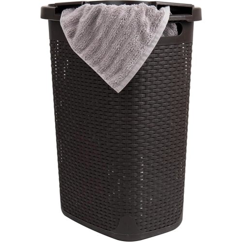 Mind Reader Slim Laundry Hamper with Lid, 60L Clothes Basket, Wicker Design, Plastic, 17.65"L x 13.75"W x 24.15"H, Brown