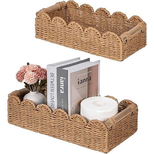 CubesLand Toilet Paper Storage Basket, Scalloped Edge Shelves Basket for Organizing for Over Toilet Tank Storage, Home Decor Baskets for Shelf, Countertop, Living Room, Bedroom, Handwoven, Neutral