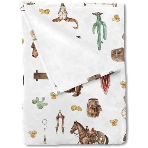 Western Cowboy Baby Blanket for Boys Cowboy Hat Boots Coins Cactus Horse Flannel Swaddle Blanket Soft Receiving Blankets Newborn Toddler Nursery Bed Blankets Stroller Crib Playmat 40x50