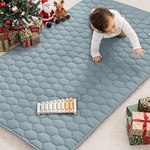 Comfy Cubs Rectangle Kids Play Mat - Small 36 x 60 inches Soft Quilted Baby Floor Mat with Non-Slip Bottom - Plush Design for Toddlers' Playtime and Relaxation - Comfortable and Durable - Pacific Blue