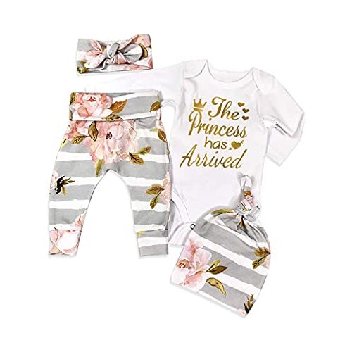 KANGKANG Newborn Baby Girl Clothes Hi I'm New Here Newborn Outfit Infant Romper Floral Pants Cute Baby Girl Outfits 4PC Set