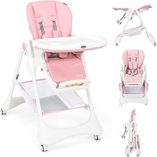 INFANS High Chair with One-Hand Removable Tray, 4 Lockable Wheels & Large Storage Basket - Multi-Adjustable Height, Recline & Footrest, Removable Cushion, Foldable for Baby, Infant& Toddler