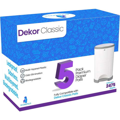 EcoRefills Dekor Classic Diaper Pail Refill, 9 Refill Liners, 30% Thicker, Leak-Proof, Powder Scent