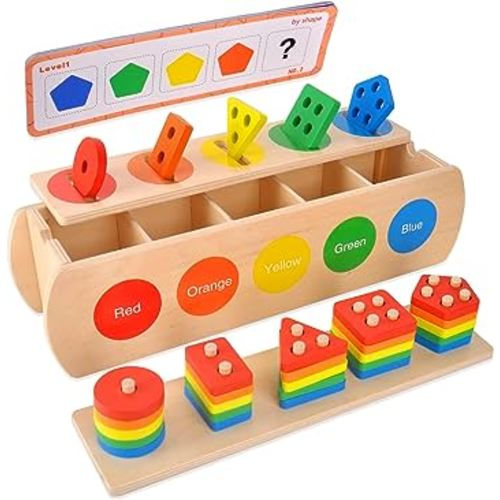 Wooden Color & Shape Sorting Learning Matching Box with Stacking Toys