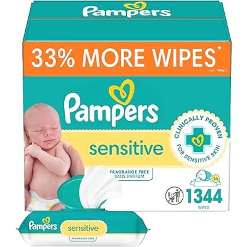 Pampers Sensitive Baby Wipes, Water Based, Hypoallergenic and Unscented, 1344 Wipes Total (16 Flip-Top Packs)