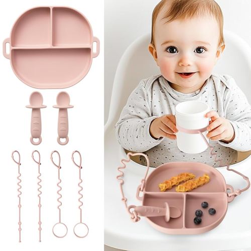 Baby Plates with Suction Silicone Baby Spoons Divided Baby Plates Silicone Baby Safety Toy Straps Baby Bottle Bungees Baby Feeding Set All-in-one-Blush